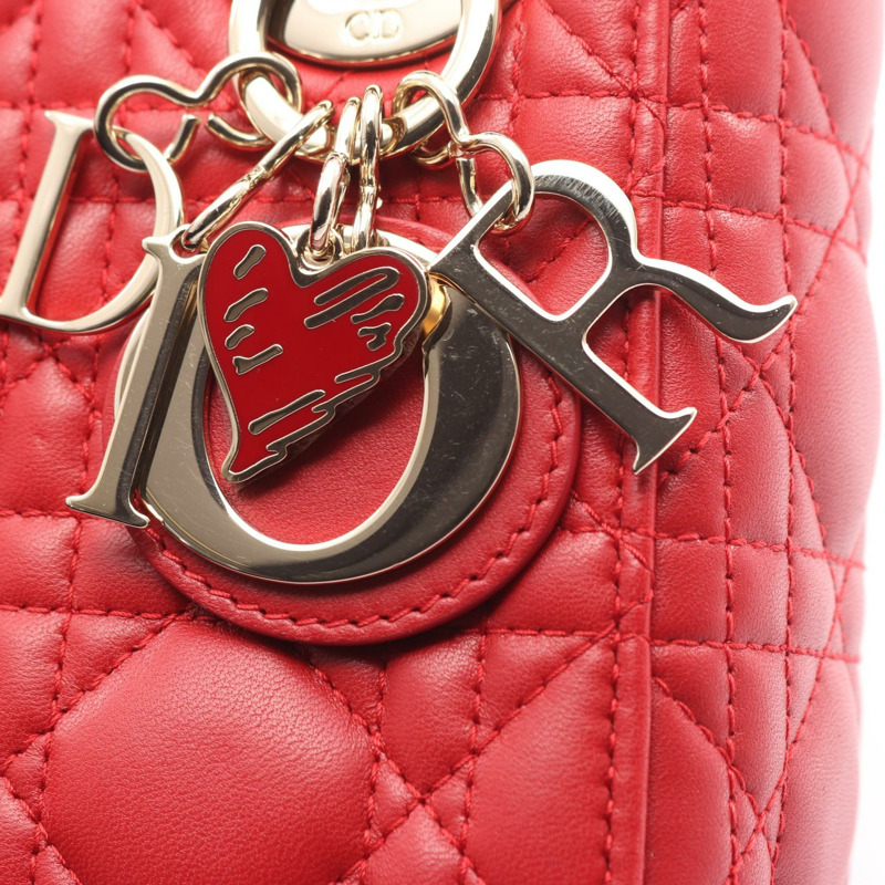 Christian Dior Lady Dior Mini Cannage 斜背手提包，紅色皮革，二手-4