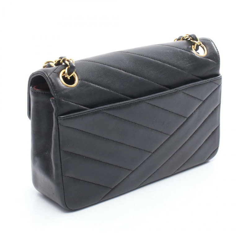香奈兒斜紋縫線鏈條單肩背包，羊皮材質，黑色，二手，女士款，金色五金配件-1