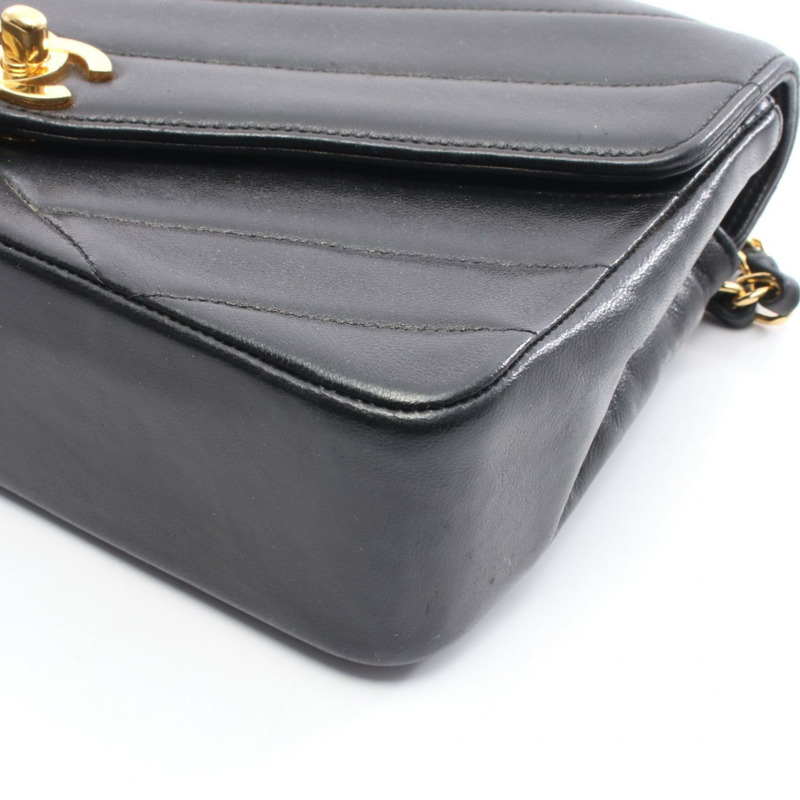 香奈兒斜紋縫線鏈條單肩背包，羊皮材質，黑色，二手，女士款，金色五金配件-7