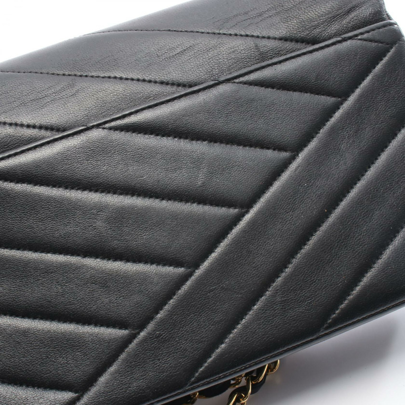 香奈兒斜紋縫線鏈條單肩背包，羊皮材質，黑色，二手，女士款，金色五金配件-8