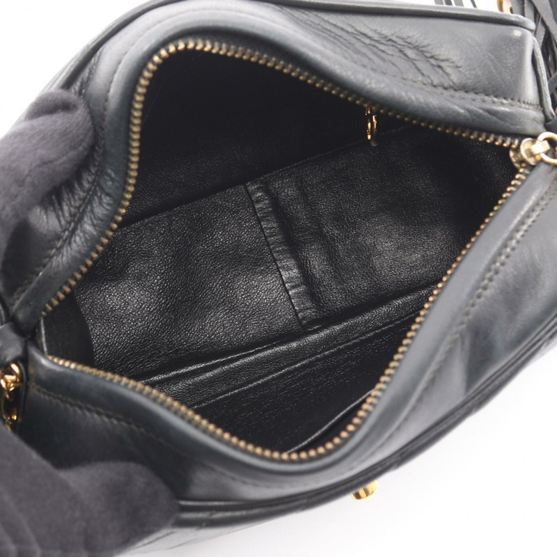 香奈兒 COCO 標誌斜紋縫線鏈條斜挎單肩包流蘇羊皮黑色金色五金-2