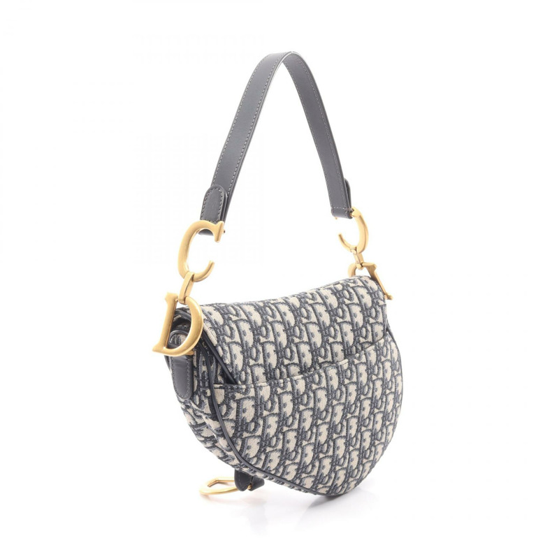 Christian Dior 馬鞍形斜紋提花手提包，皮革材質，米色、海軍藍、黑色，二手-1