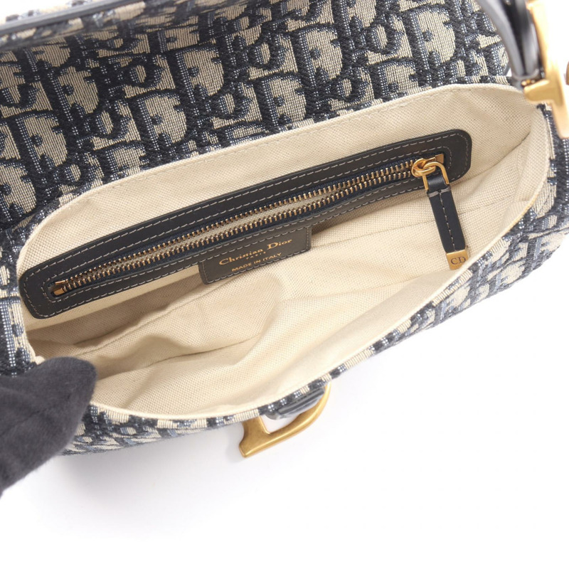 Christian Dior 馬鞍形斜紋提花手提包，皮革材質，米色、海軍藍、黑色，二手-2