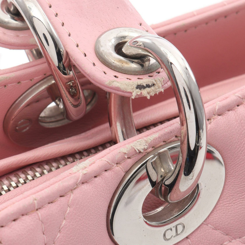 Christian Dior LADY DIOR Cannage 肩背包，粉紅色皮革，銀色五金，二手女款-4