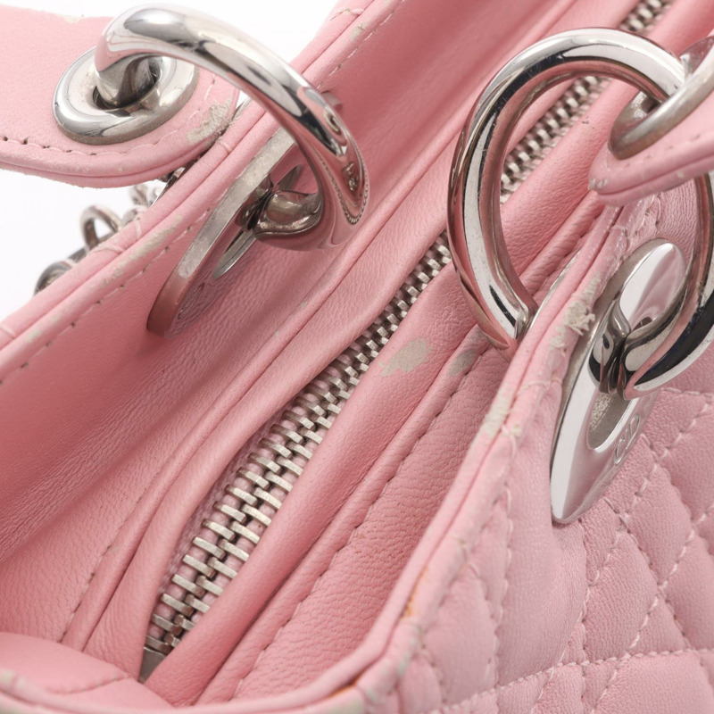 Christian Dior LADY DIOR Cannage 肩背包，粉紅色皮革，銀色五金，二手女款-9