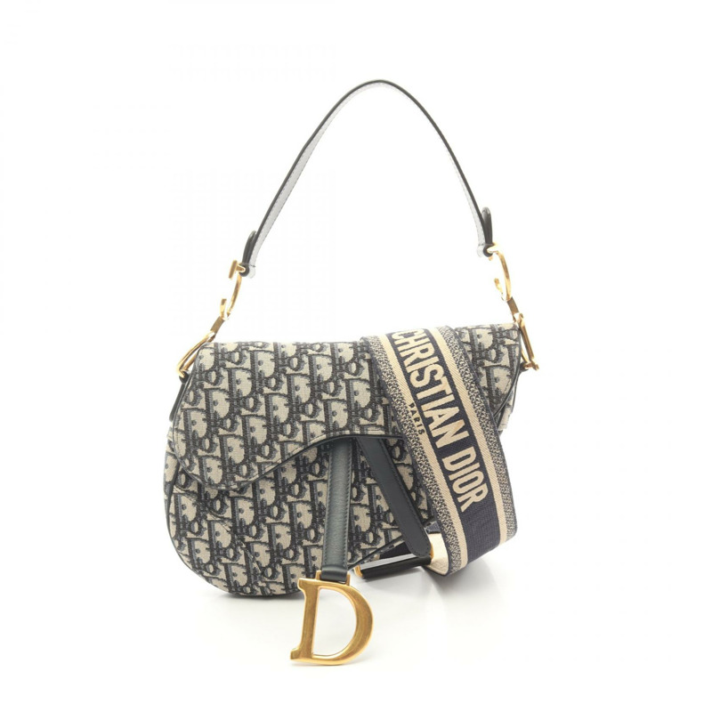 Christian Dior 馬鞍斜肩手提包，提花皮革，米色/海軍藍，二手-0