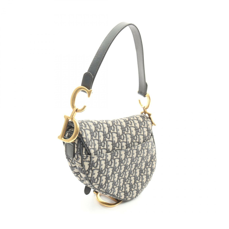 Christian Dior 馬鞍斜肩手提包，提花皮革，米色/海軍藍，二手-1