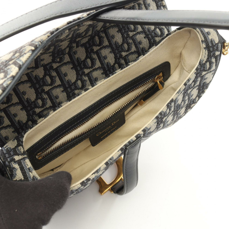 Christian Dior 馬鞍斜肩手提包，提花皮革，米色/海軍藍，二手-2