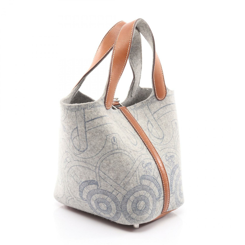 愛馬仕 Picotin PM 手袋 L 號 Felt Swift 皮革，灰色/棕色/淡褐色，銀色五金，二手-1