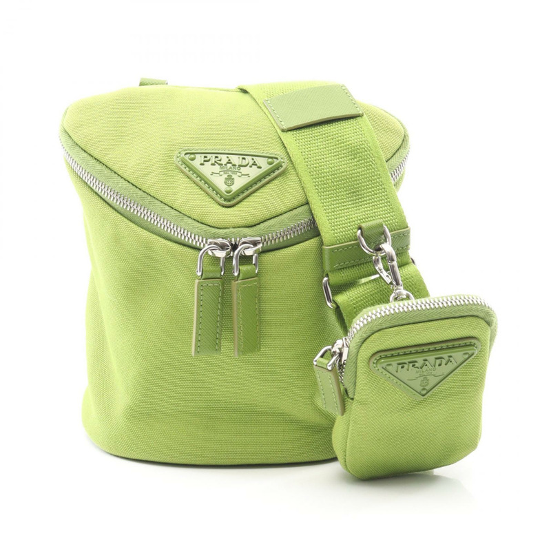 PRADA 三角形 logo 單肩斜背包 2VH147 帆布 綠色 二手 女款-0