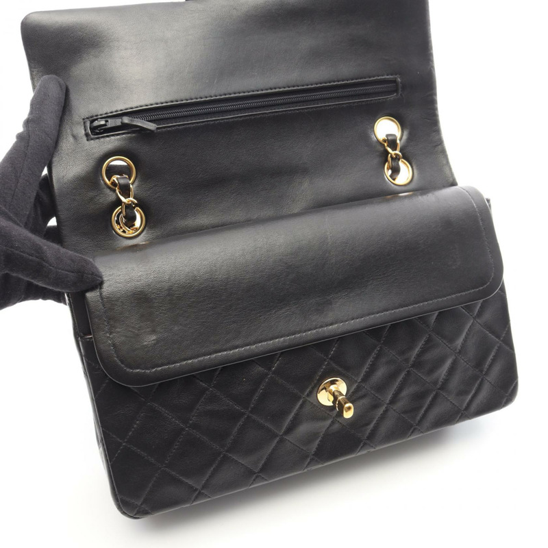 香奈兒 (CHANEL) Matelasse W 翻蓋鏈條單肩包，羊皮材質，黑色，二手，女士款，金色五金-12