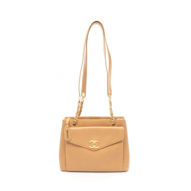 香奈兒 COCO 標誌手提單肩包，棕色粒面小牛皮，金色五金，二手 CC-0