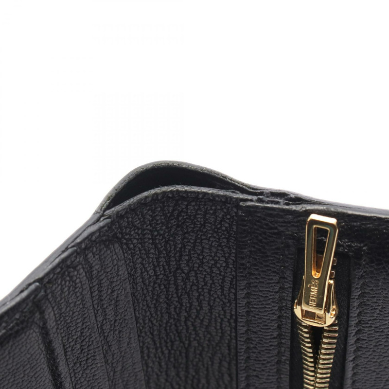 愛馬仕 Bearn Compact 雙折皮夾，C 山羊皮，黑色，金色五金，二手，女士款-6