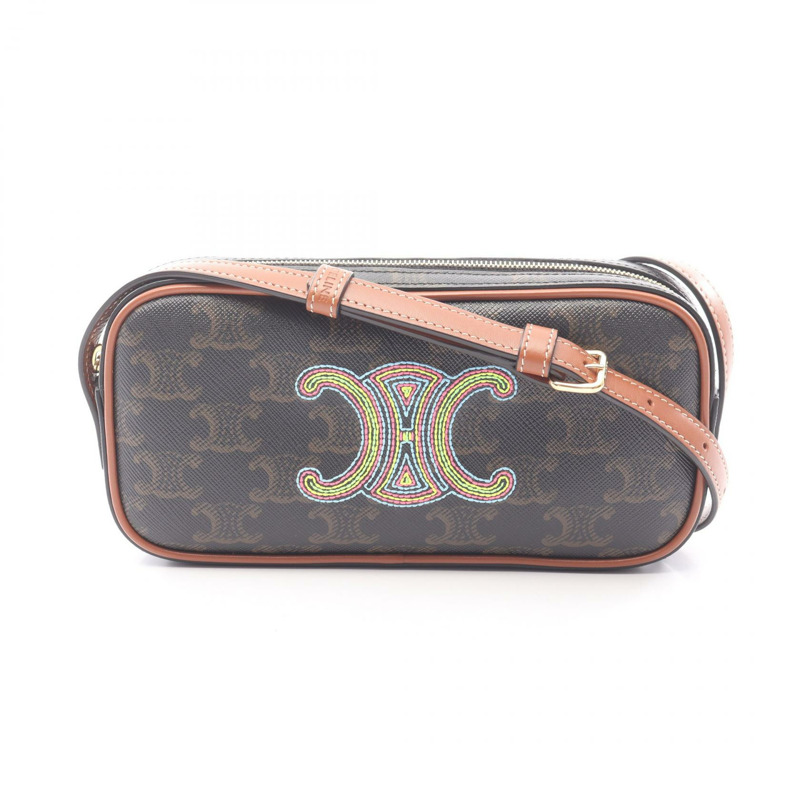 CELINE Cuir Triomphe 迷你相機單肩包，帆布皮革，黑色/棕色，二手-0