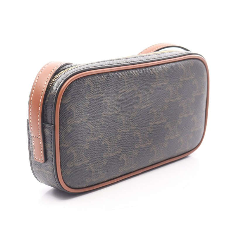 CELINE Cuir Triomphe 迷你相機單肩包，帆布皮革，黑色/棕色，二手-1