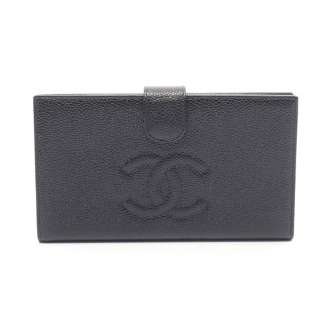 香奈兒 COCO 標誌雙折長錢包，小牛皮，黑色，金色五金，二手，女士 CC