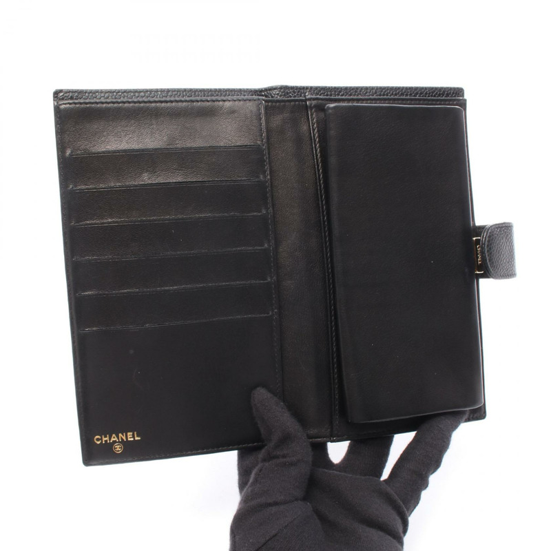 香奈兒 COCO 標誌雙折長錢包，小牛皮，黑色，金色五金，二手，女士 CC-2