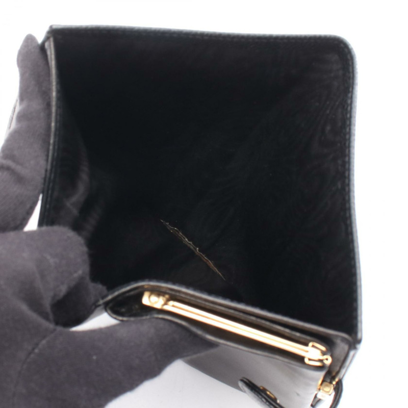 香奈兒 COCO 標誌雙折長錢包，小牛皮，黑色，金色五金，二手，女士 CC-7