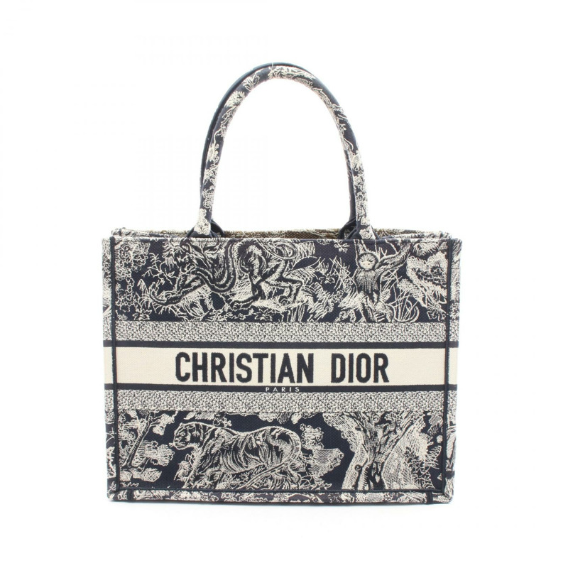 Christian Dior BOOK TOTE 手提包，中型帆布，海軍藍/白色，二手女款-0