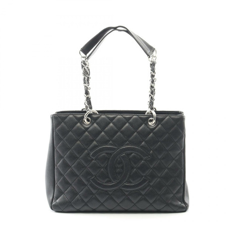 香奈兒 (CHANEL) Matelasse Grand Shopping GST 鏈條肩背包，黑色皮革，銀色金屬扣