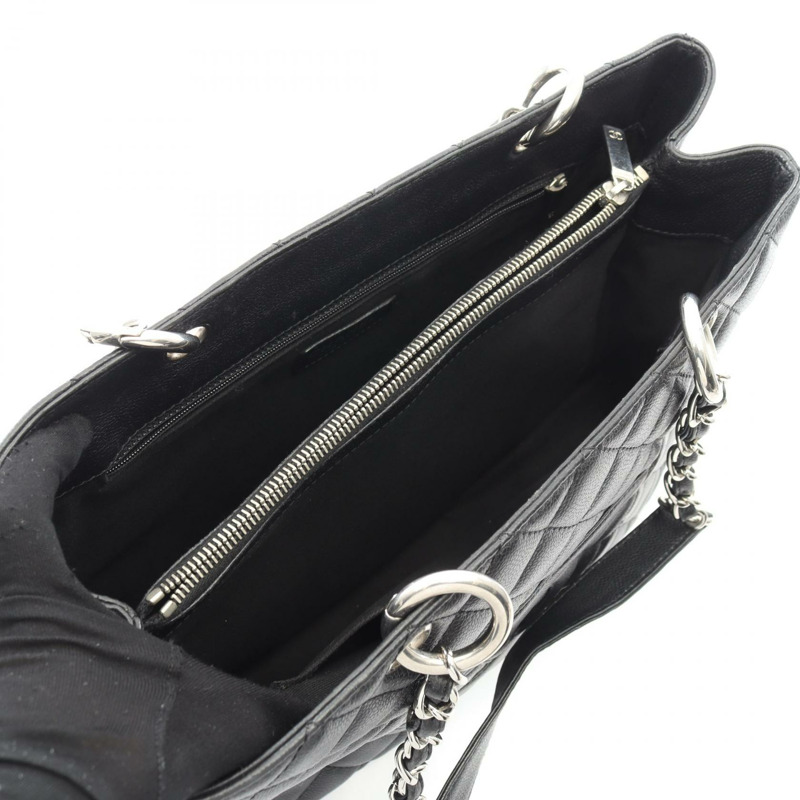 香奈兒 (CHANEL) Matelasse Grand Shopping GST 鏈條肩背包，黑色皮革，銀色金屬扣-2