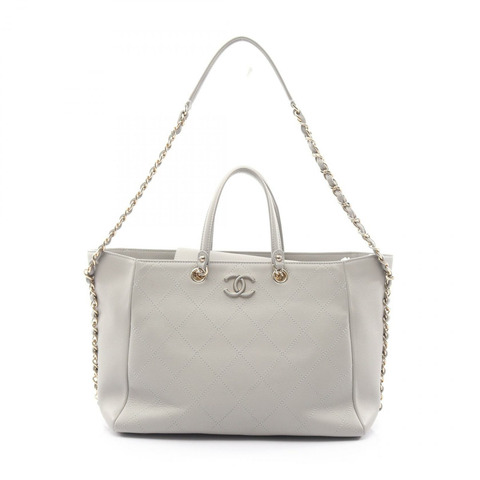 香奈兒 (CHANEL) 絎縫鏈條肩背手提包，灰色皮革，金色五金，二手，女士 CC