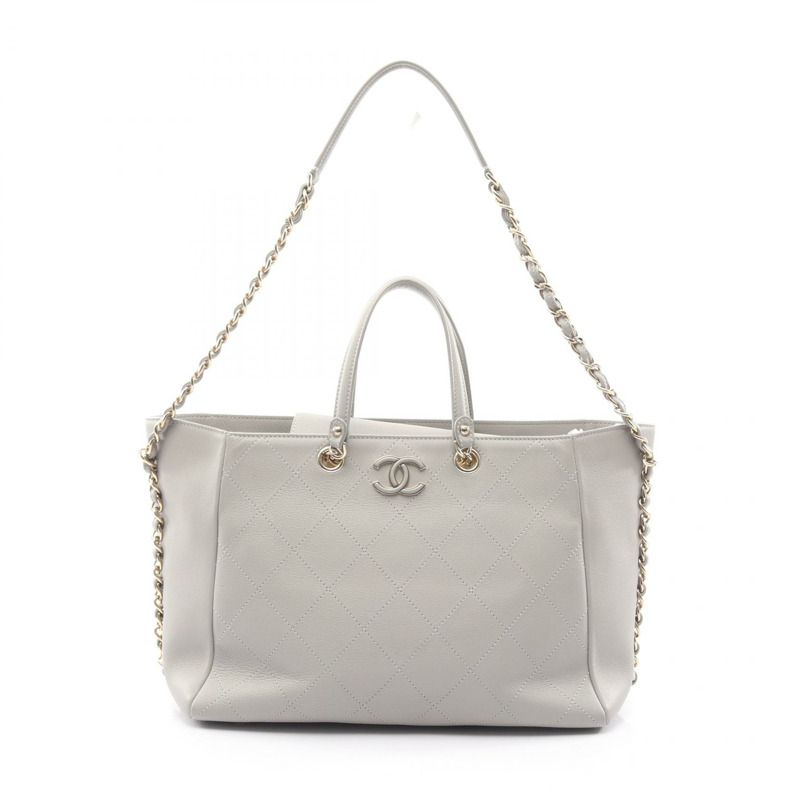 香奈兒 (CHANEL) 絎縫鏈條肩背手提包，灰色皮革，金色五金，二手，女士 CC-0