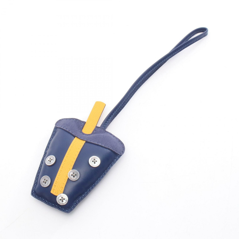 HERMES 珍珠奶茶袋吊飾 H1074198 Agneau milo Epsom Blue encre Jaune ambre-0