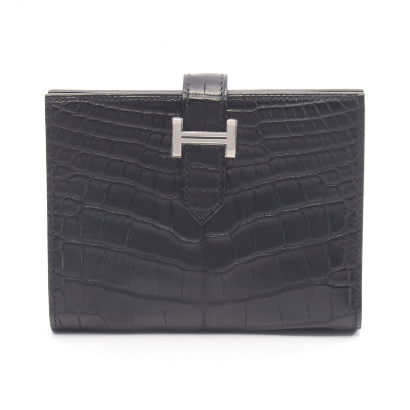 愛馬仕 Bean 迷你雙折皮夾，霧面鱷魚皮，黑色，二手，女款-0