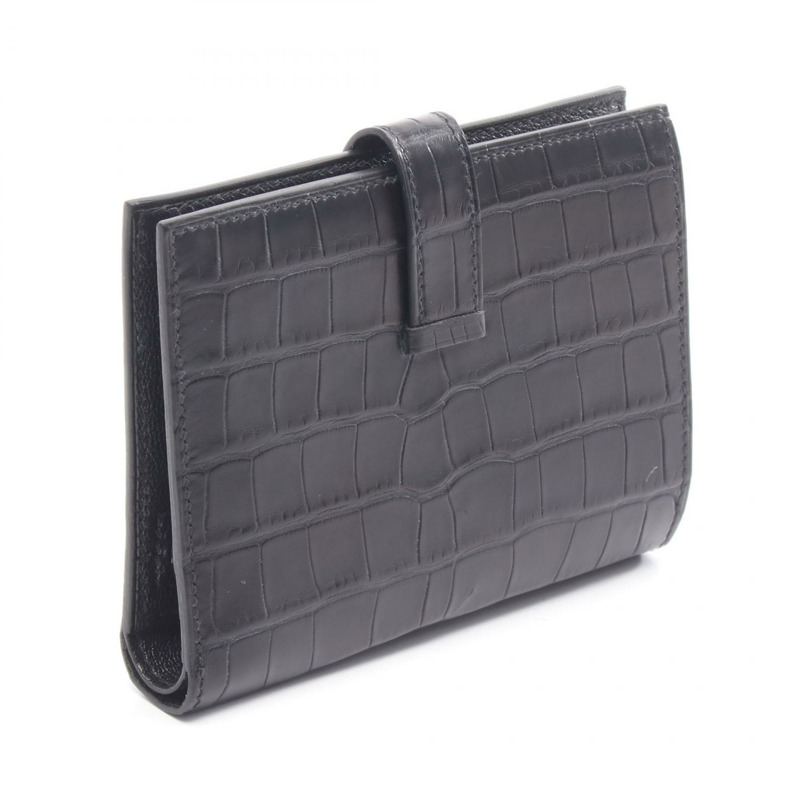 愛馬仕 Bean 迷你雙折皮夾，霧面鱷魚皮，黑色，二手，女款-1