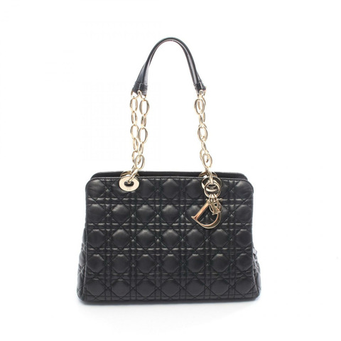 Christian Dior LADY DIOR Cannage 手提鏈條肩背包，黑色皮革，二手