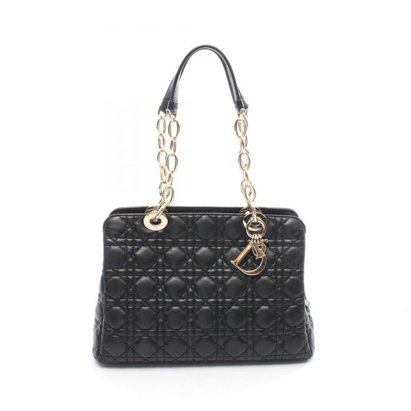 Christian Dior LADY DIOR Cannage 手提鏈條肩背包，黑色皮革，二手-0