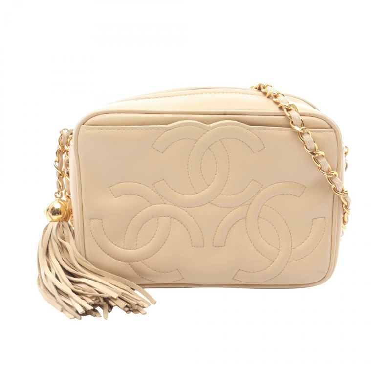 香奈兒三重 COCO 標誌鏈條肩背斜背包，羊皮，米色，金色五金，二手-0