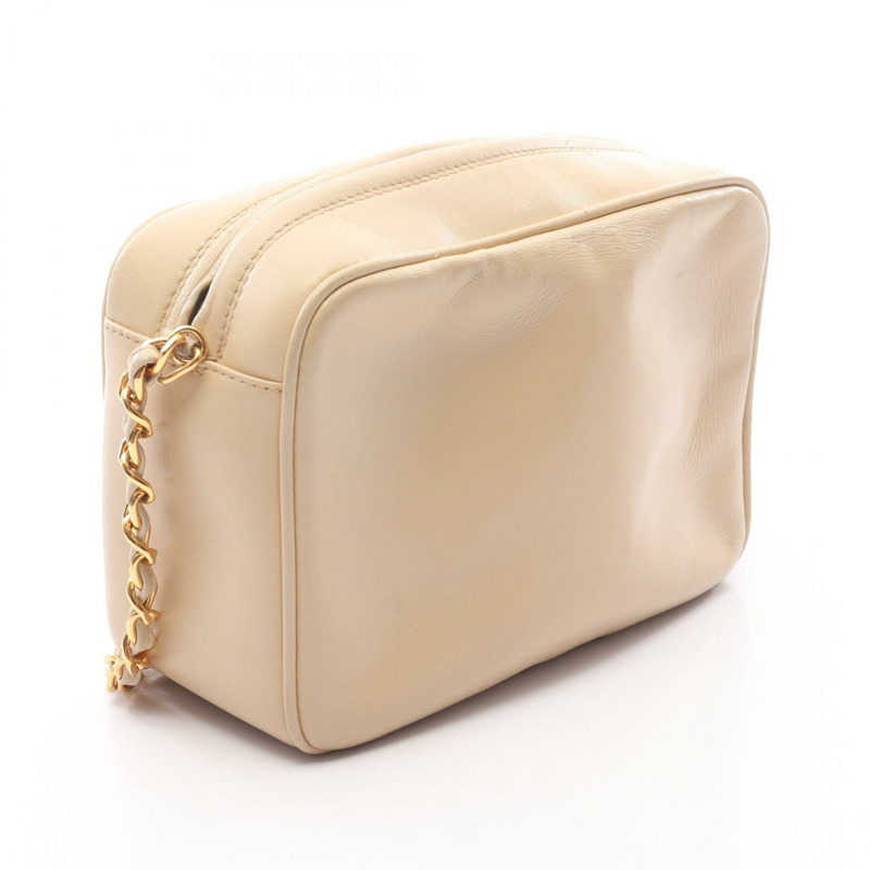 香奈兒三重 COCO 標誌鏈條肩背斜背包，羊皮，米色，金色五金，二手-1