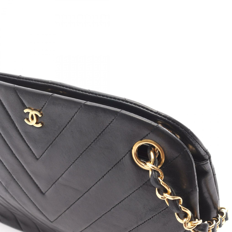 香奈兒 (CHANEL) 人字紋 V 字縫線鏈條單肩手提包，羊皮材質，黑色，金色五金，二手女款-13