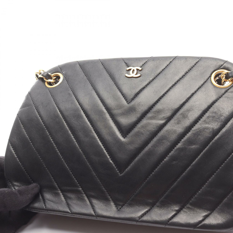 香奈兒 (CHANEL) 人字紋 V 字縫線鏈條單肩手提包，羊皮材質，黑色，金色五金，二手女款-14