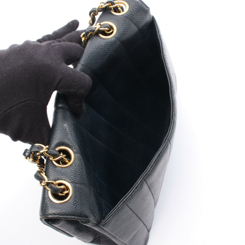 香奈兒 Mademoiselle 鏈條肩背包，粒面小牛皮，黑色，二手，女士，金色五金-5