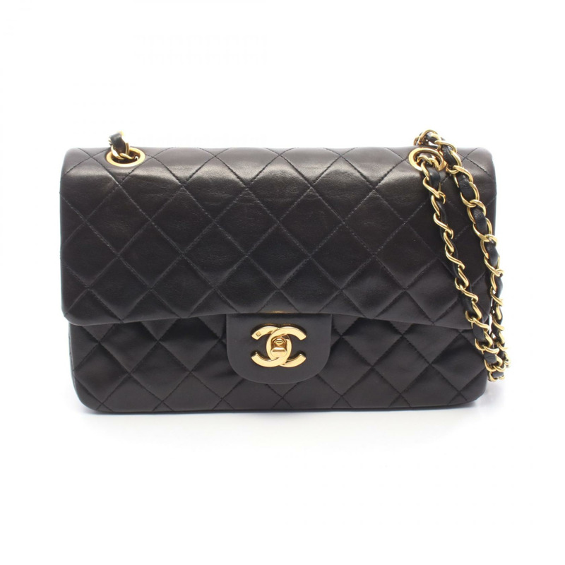 香奈兒 (CHANEL) Matelasse W 翻蓋鏈條肩背包，羊皮材質，黑色，二手，女士款，金色五金-0