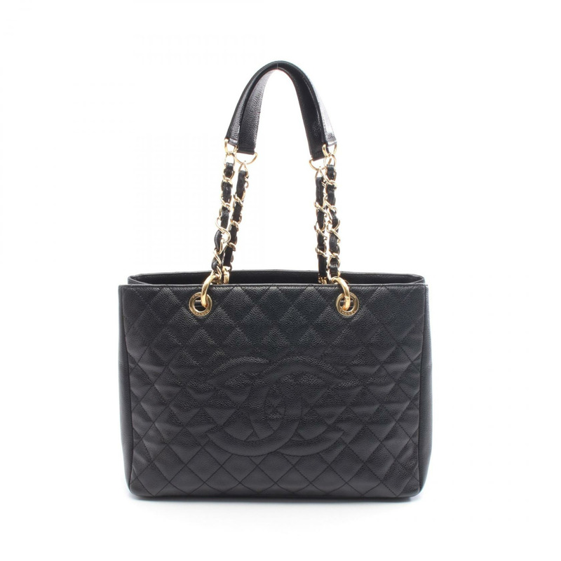 香奈兒 Matelasse Grand Shopping GST 手提包鏈條肩背包，皮革材質，金色五金，黑色-0