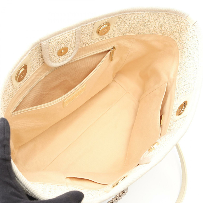 香奈兒 Deauville 鏈條肩背包 A67001 皮革草編 白色 GHW 二手 CC-2