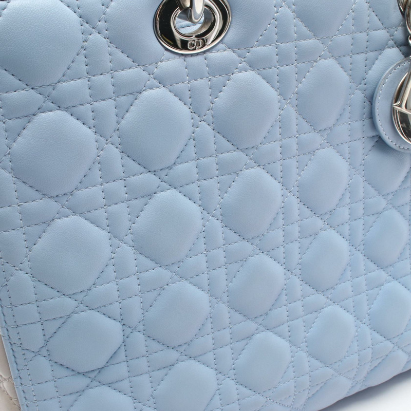 Christian Dior Lady Dior 大型 Cannage 手提單肩包，皮革材質，藍灰色-4