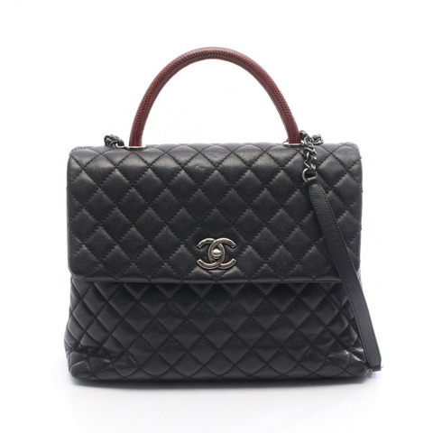 香奈兒 (CHANEL) 絎縫 Coco Handle 手提包，粒面小牛皮，異域皮革，黑色波爾多紅，二手女款