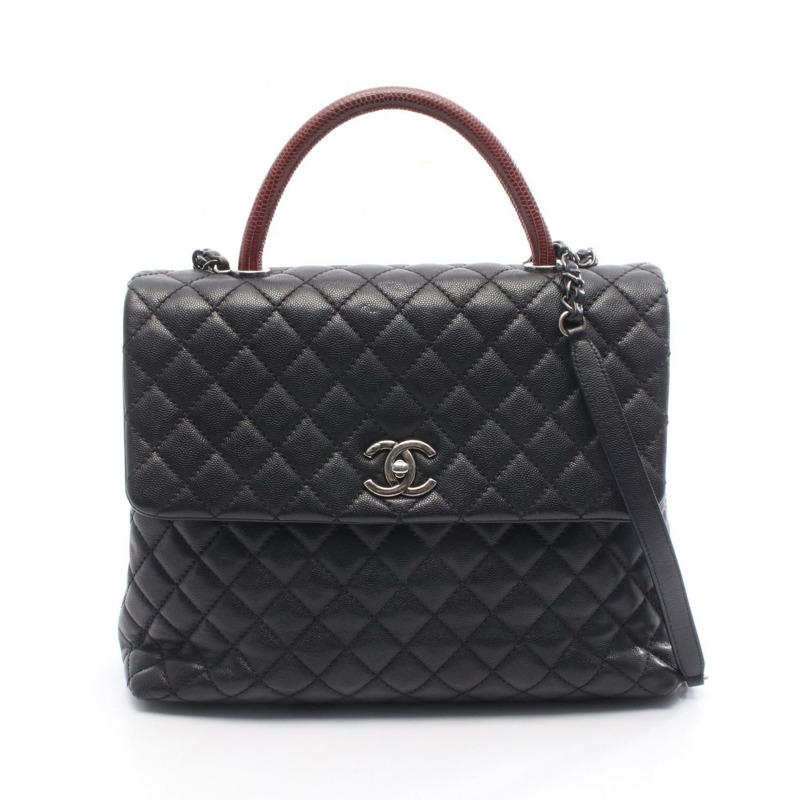 香奈兒 (CHANEL) 絎縫 Coco Handle 手提包，粒面小牛皮，異域皮革，黑色波爾多紅，二手女款-0