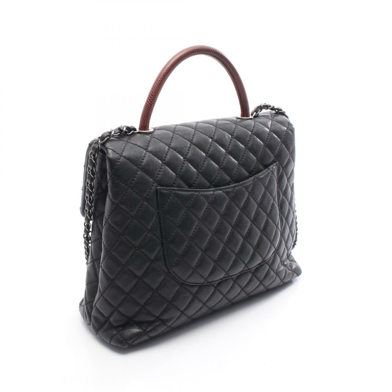 香奈兒 (CHANEL) 絎縫 Coco Handle 手提包，粒面小牛皮，異域皮革，黑色波爾多紅，二手女款-1