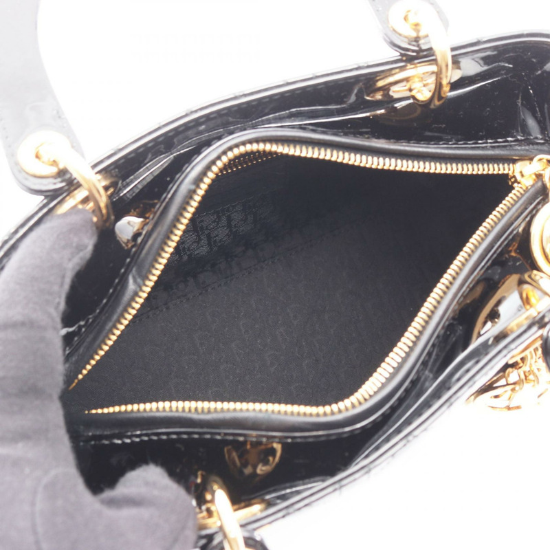 Dior LADY DIOR 黑色漆皮單肩手提包，二手女款，附金色五金配件-2