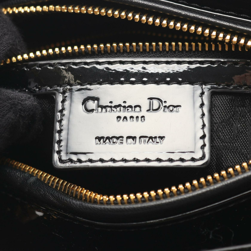 Dior LADY DIOR 黑色漆皮單肩手提包，二手女款，附金色五金配件-3