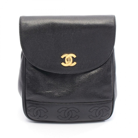 香奈兒 (CHANEL) Triple COCO Mark 雙肩包，黑色小牛皮材質，二手女款，金色五金配件