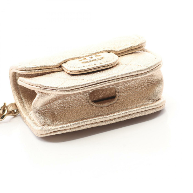 香奈兒 (CHANEL) 絎縫 AirPods 保護套零錢包，羊皮材質，金色，二手，女士，GHW-6