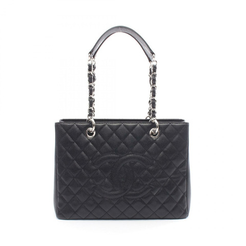 香奈兒 (CHANEL) Matelasse Grand Shopping GST 鏈條肩背包，黑色皮革，銀色金屬扣