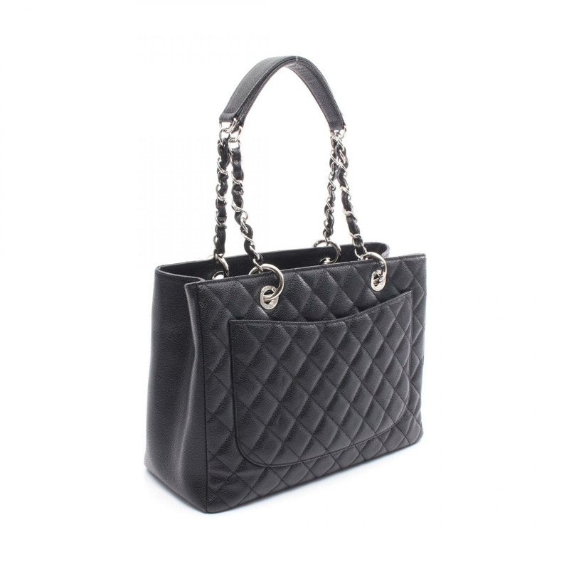 香奈兒 (CHANEL) Matelasse Grand Shopping GST 鏈條肩背包，黑色皮革，銀色金屬扣-1